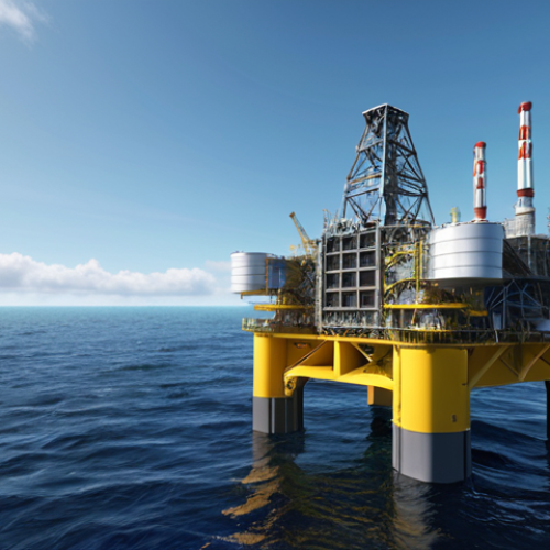 Home 22 **Prompt 1: Advanced Materials & AI Optimized Design**
"A majestic, cutting-edge offshore platform, showcasing the integration of high-strength alloys and advanced composites. The structure is sleek and robust, designed to withstand extreme marine conditions. Subtle holographic overlays or data visualizations hint at AI-optimized design processes, emphasizing efficiency, reduced carbon footprint, and long-term durability. The surrounding ocean is clear, and the platform might incorporate green energy elements like integrated wind turbines or solar panels, reflecting a sustainable approach. The overall image should convey innovation, strength, and environmental consciousness in modern marine engineering."