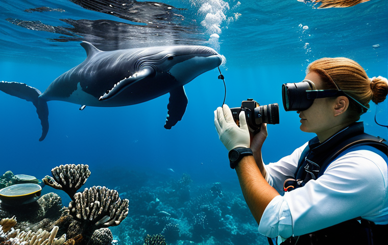 **

"A marine biologist, fully clothed in appropriate field attire, using underwater acoustic communication equipment to study whale behavior. Natural pose, perfect anatomy, well-formed hands. Coral reef background, clear water. Safe for work, appropriate content, professional, family-friendly."

**