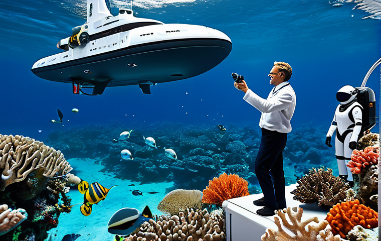 Futuristic Ocean Exploration**

"A diverse team of scientists in fully clothed, professional attire, aboard a research vessel equipped with advanced robotic submarines and drones, exploring a vibrant coral reef. The scene depicts a sustainable approach to oceanography with crystal-clear waters, diverse marine life, and renewable energy sources visible in the background. Safe for work, appropriate content, family-friendly, perfect anatomy, natural proportions, high quality."

**