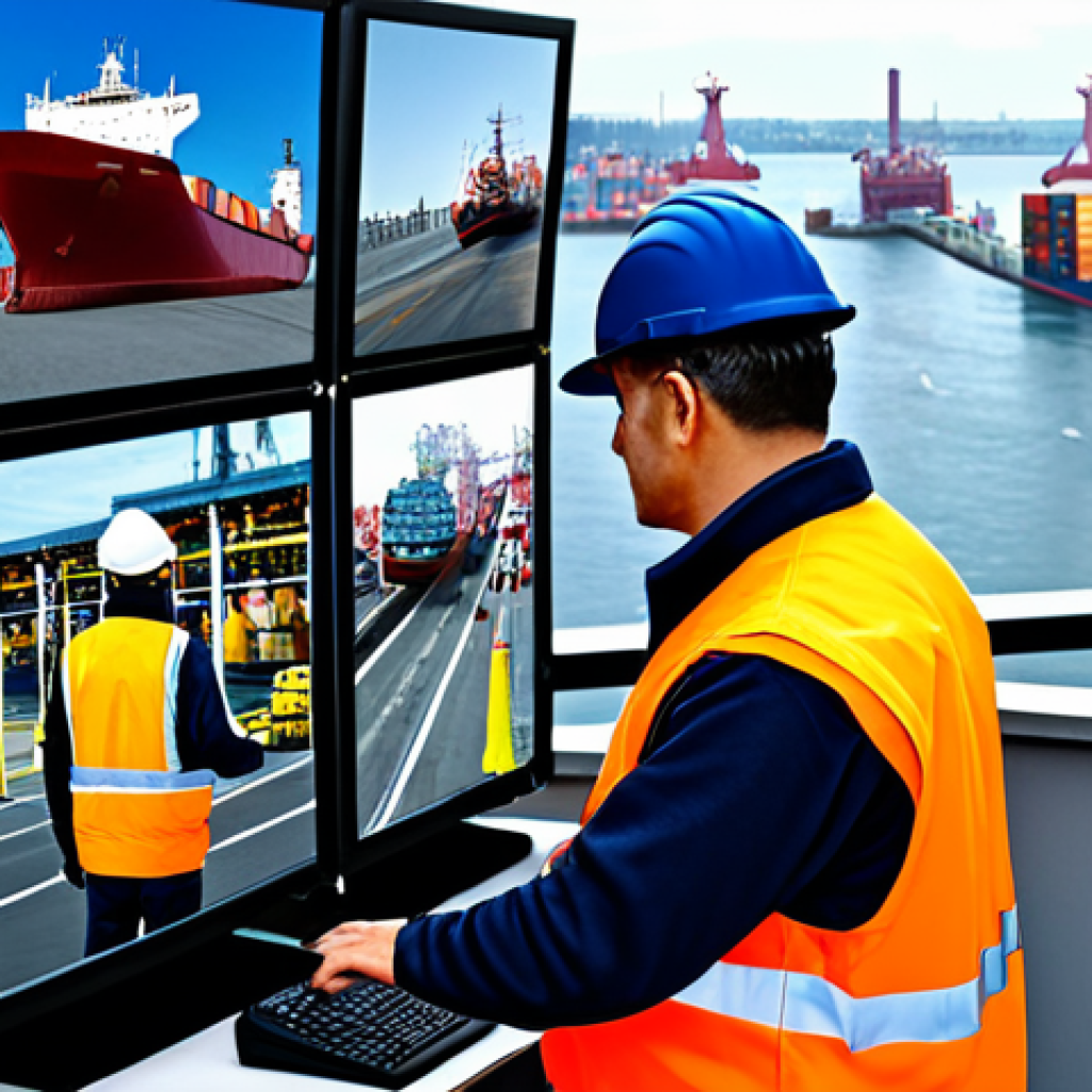 해양 보안 기술 - "Advanced CCTV camera system monitoring a busy shipping port, fully clothed workers in safety vests,...