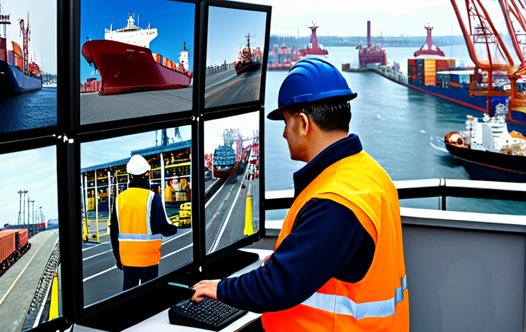 해양 보안 기술 - "Advanced CCTV camera system monitoring a busy shipping port, fully clothed workers in safety vests,...
