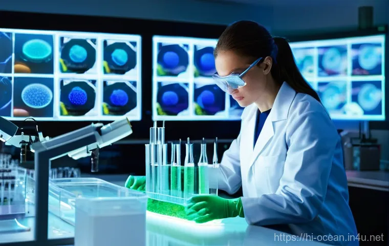 해양 생명공학 - **Prompt: Marine Biotechnology in Medicinal Discovery**
    A bright, clean, and futuristic laborato...