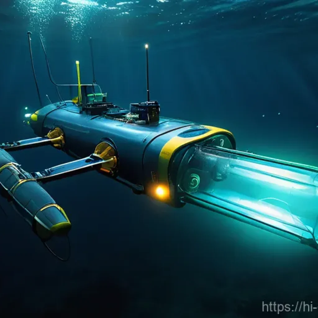 해양 정화 및 복원 기술 - **Deep-Sea Robotic Cleanup Mission**
    "A sleek, futuristic deep-sea autonomous underwater vehicle...