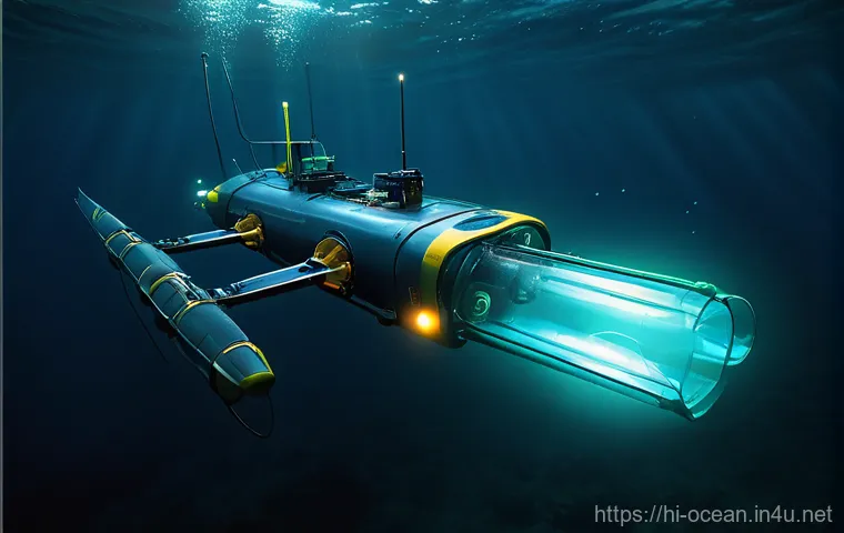해양 정화 및 복원 기술 - **Deep-Sea Robotic Cleanup Mission**
    "A sleek, futuristic deep-sea autonomous underwater vehicle...