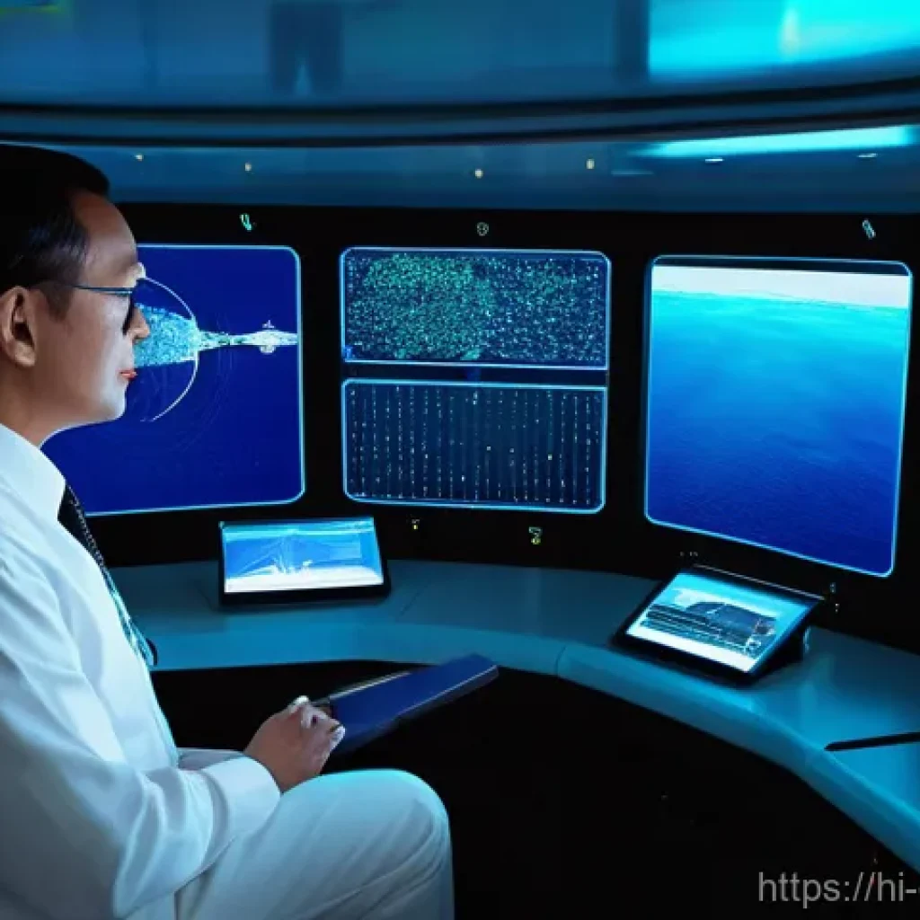 지구 해양 관측 시스템 - **Prompt: Futuristic Ocean Research & AI Analysis**
    "A sophisticated, sleek oceanic research ves...