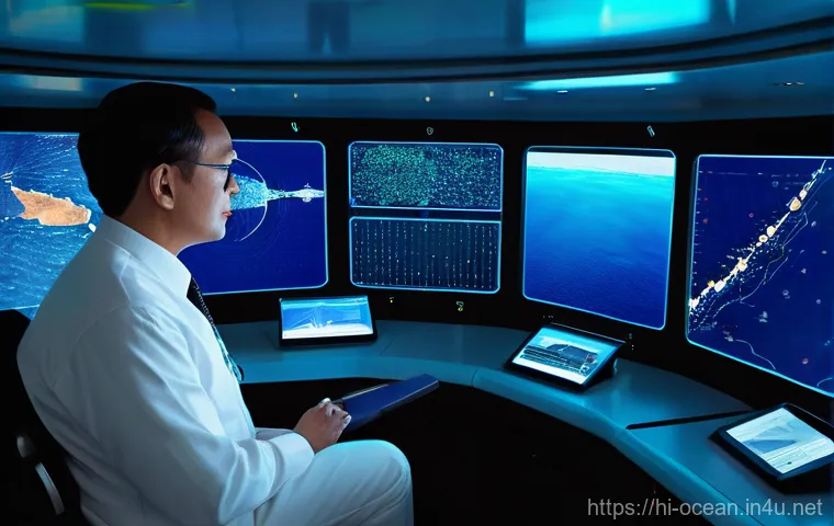 지구 해양 관측 시스템 - **Prompt: Futuristic Ocean Research & AI Analysis**
    "A sophisticated, sleek oceanic research ves...
