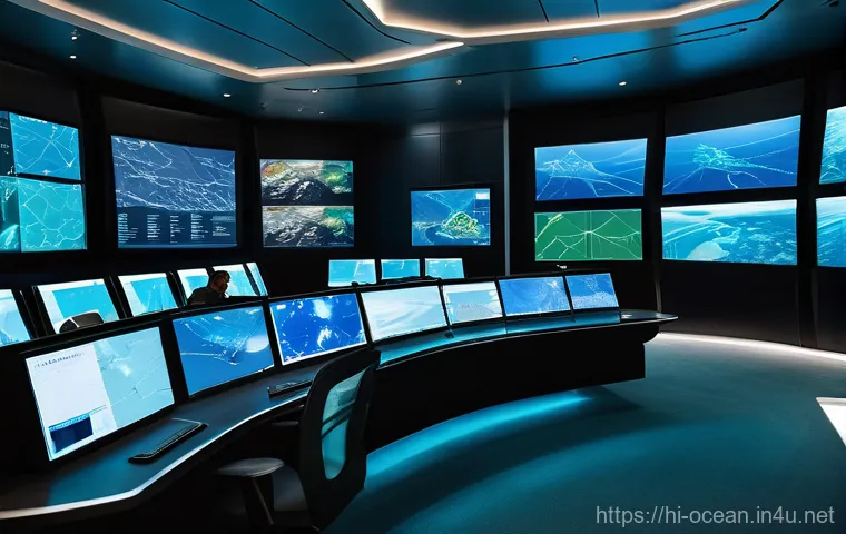해양 안전 기술 - **Prompt 1: Futuristic Marine Intelligence Hub**
    A highly detailed, wide-angle shot inside a cut...