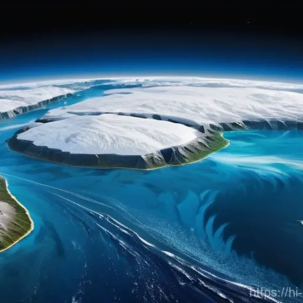 해양 위성 기술 - **Prompt:** A breathtaking, photorealistic aerial view of Earth's vast blue oceans from space, with ...