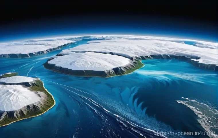 해양 위성 기술 - **Prompt:** A breathtaking, photorealistic aerial view of Earth's vast blue oceans from space, with ...