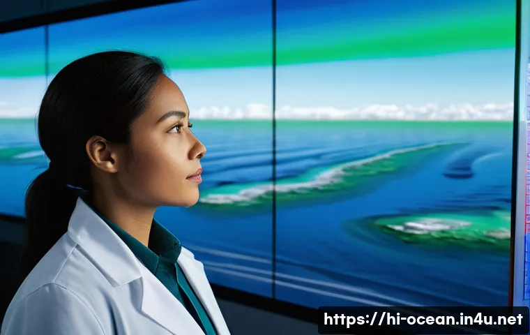 해양 지구 시스템 모델링 - **Prompt:** "A highly detailed, realistic image of a female oceanographer in a professional, modern ...