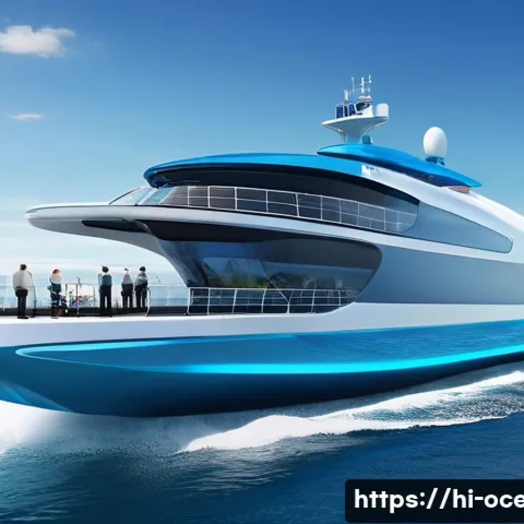 해양 전기 추진 선박 - A futuristic electric marine propulsion ship cruising smoothly on calm ocean waters under a clear bl...