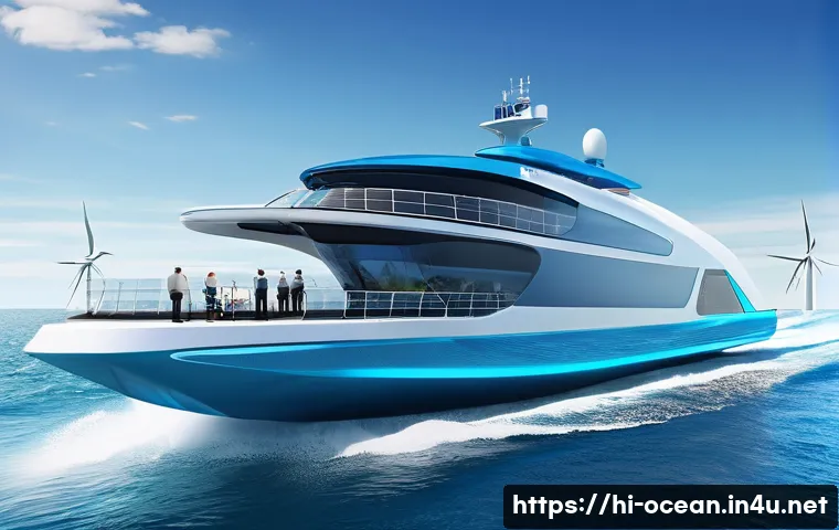 해양 전기 추진 선박 - A futuristic electric marine propulsion ship cruising smoothly on calm ocean waters under a clear bl...
