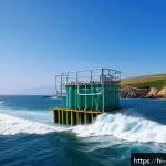 해양 에너지 기술 - A detailed coastal scene illustrating wave energy converters in action: floating platforms and pisto...