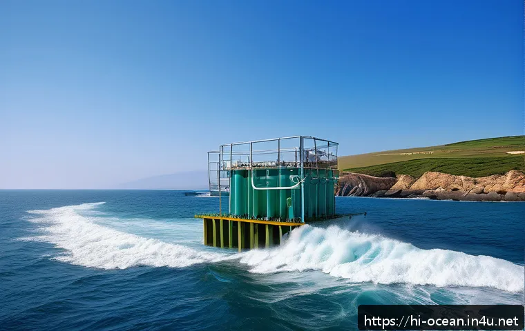 해양 에너지 기술 - A detailed coastal scene illustrating wave energy converters in action: floating platforms and pisto...