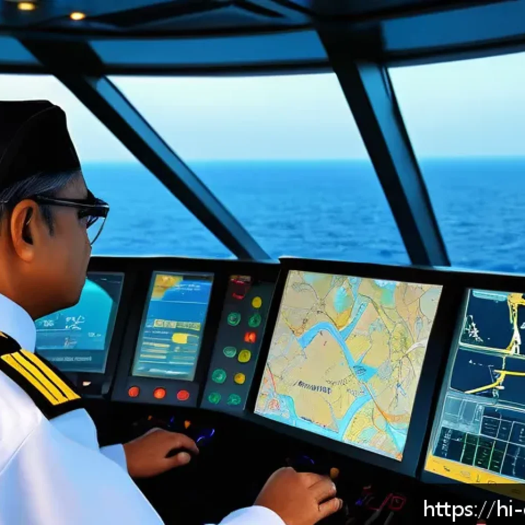 해양기술 교육 과정 - A detailed scene of a modern maritime navigation bridge inside a large ship, featuring advanced equi...
