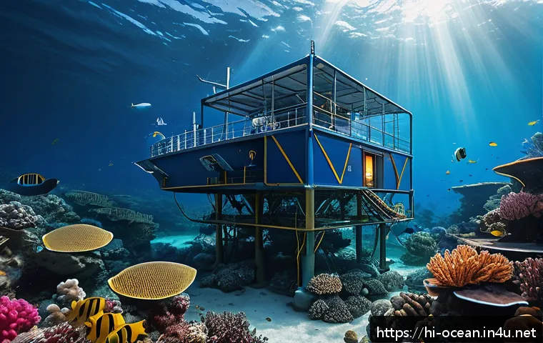 심해 구조물 설계 - A highly detailed underwater research station deep in the ocean, equipped with advanced smart sensor...