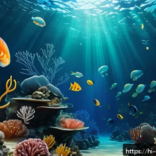 해양 생물학 - A vibrant deep-sea ecosystem scene showing diverse marine life forms with bioluminescent features gl...