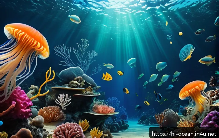 해양 생물학 - A vibrant deep-sea ecosystem scene showing diverse marine life forms with bioluminescent features gl...