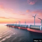해양 재생 가능 에너지 - A detailed, realistic coastal tidal energy power station at sunrise, showing large tidal turbines pa...