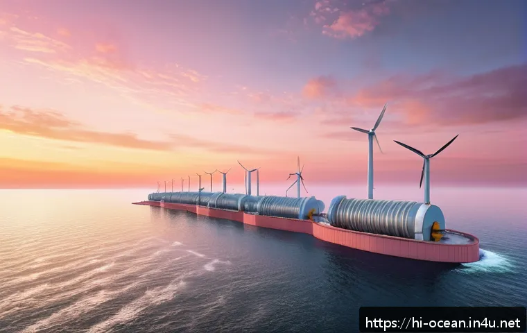 해양 재생 가능 에너지 - A detailed, realistic coastal tidal energy power station at sunrise, showing large tidal turbines pa...
