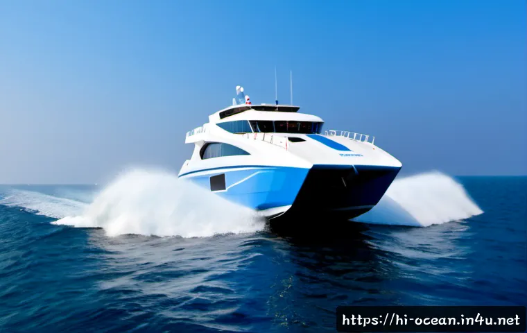 고속 해양 운송 기술 - Photorealistic high-speed passenger catamaran cutting across deep blue ocean water near the Indian c...
