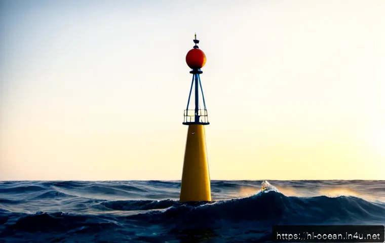 Home 17 해양 물리학 - Photorealistic ocean physics research scene at sunrise, a scientific buoy floating on deep blue wave...