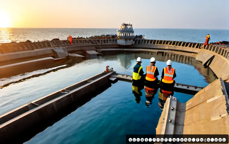 조수 에너지 활용 기술 - Photorealistic coastal tidal energy facility at low tide, massive underwater turbine structures visi...