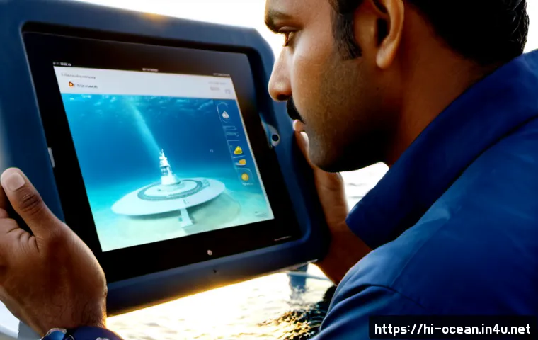 해양 기술 관련 특허 - Photorealistic Indian marine engineer examining a compact underwater turbine prototype on a clean co...