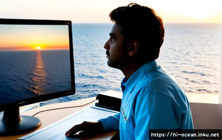 Home 17 해양 리모트 센싱 기술 - Photorealistic coastal ocean research station at sunrise, a scientist viewing vivid satellite-derive...